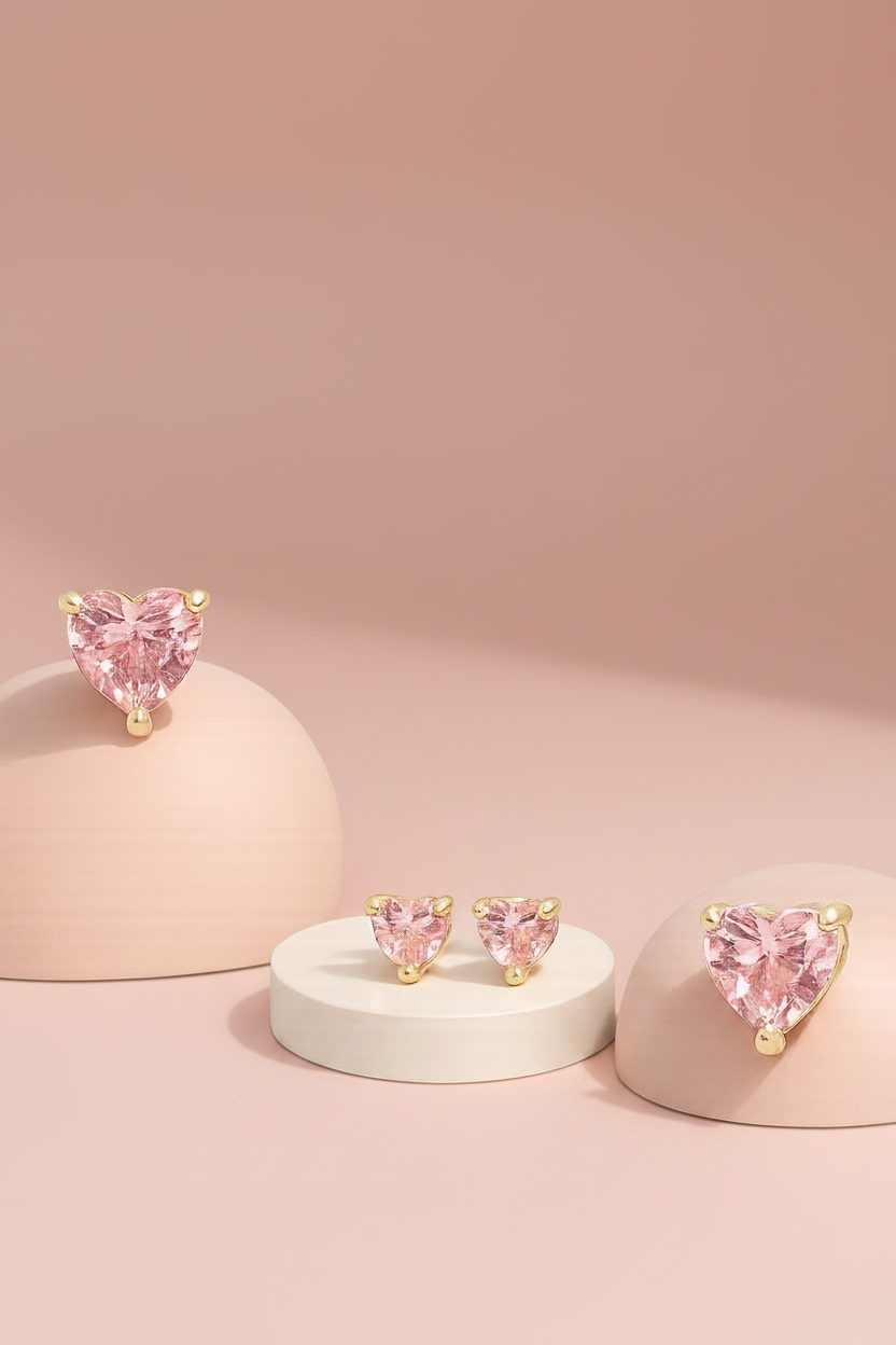 Cute Small Pink Cubic Zirconia Heart Stud Earrings for Women